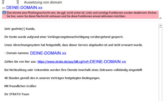 Аussetzung von domain ..... Phishing E-Mail