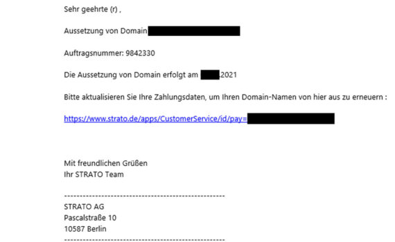 Achtung Betrugsversuch Phishingmail angeblich von Strato Aussetzung Ihrer Domain